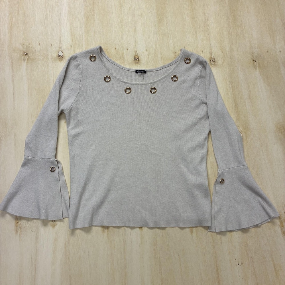 Vila Milano Sweater Womens Large Beige Studded Bell Sleeve Boat Neck Knit